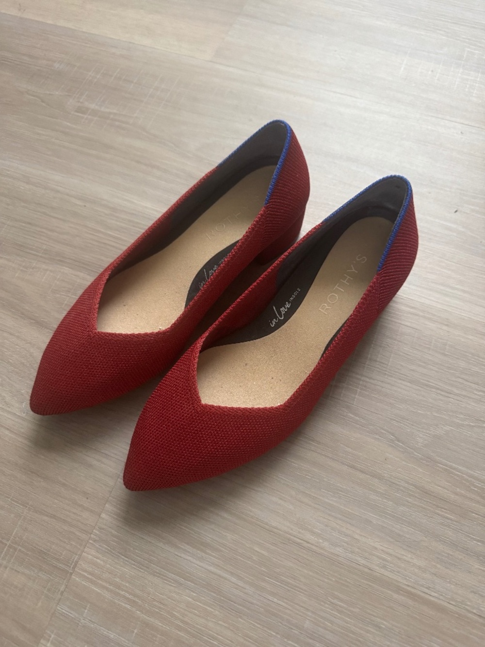 Rothy’s red pointed toe block heels